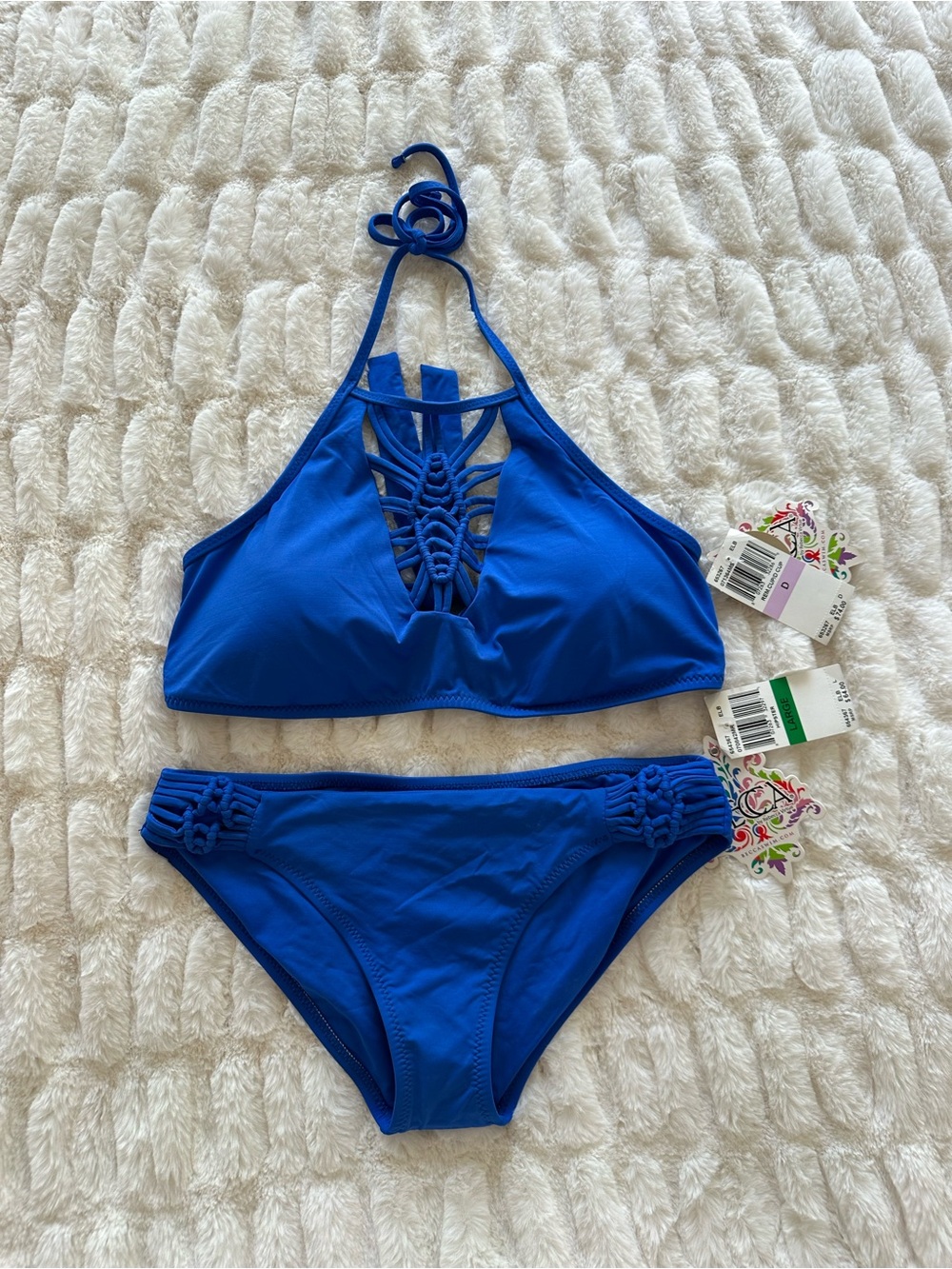 BECCA Royal Blue Halter Bikini with Macramé Detail Size L/36D
